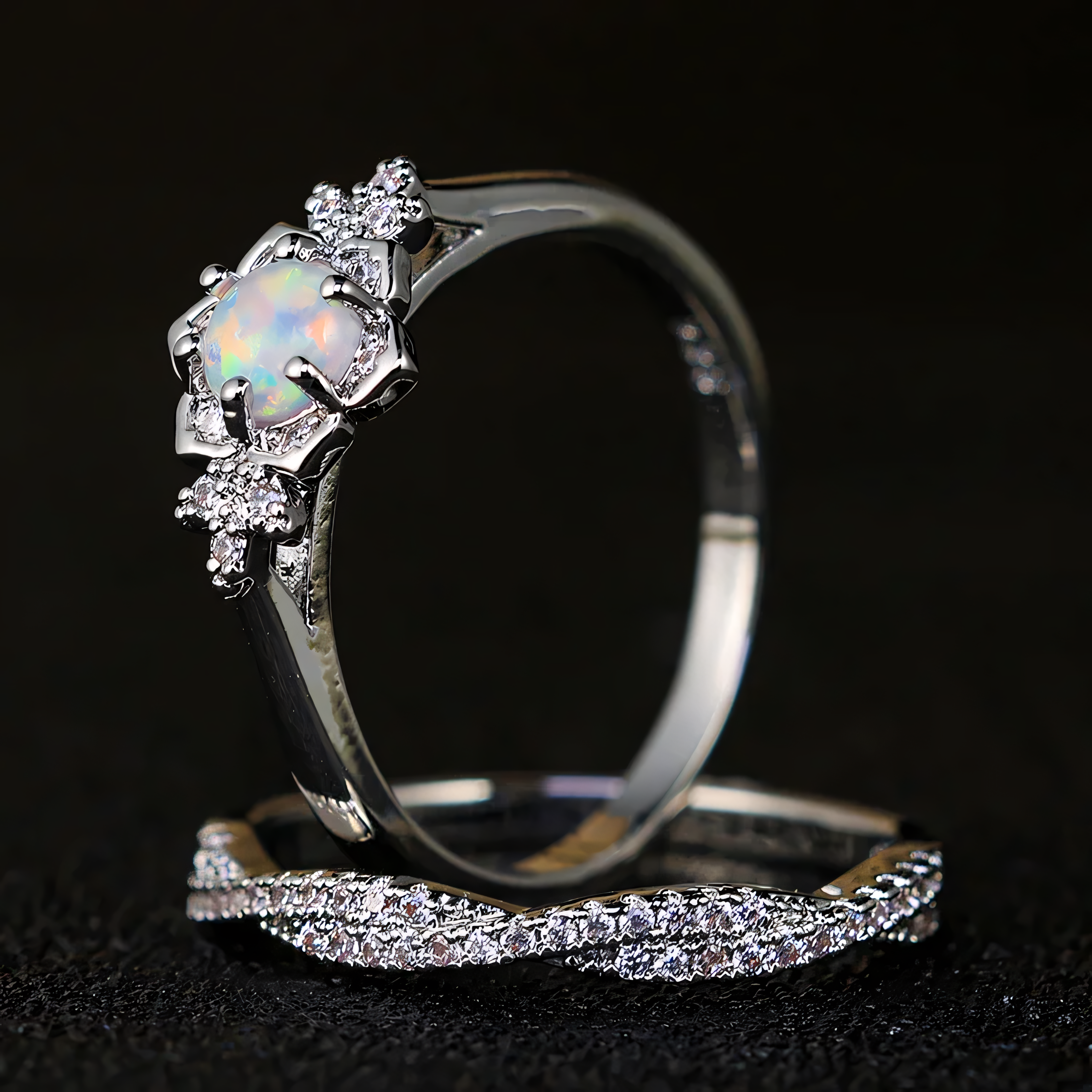 Bague de Couple Élégance Éternelle – Opale & Zircon, Raffinement Intemporel